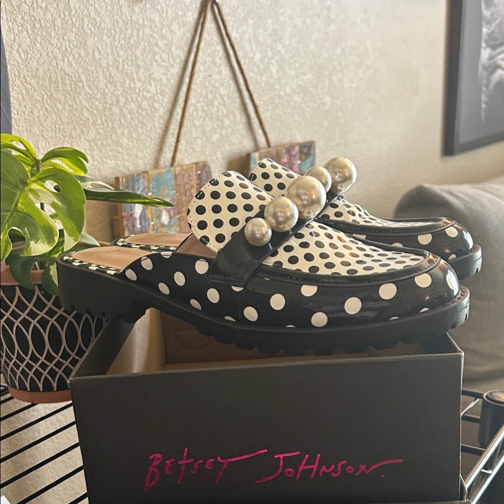 Betsey Johnson Black and White Polka Dot Mules with Pearls